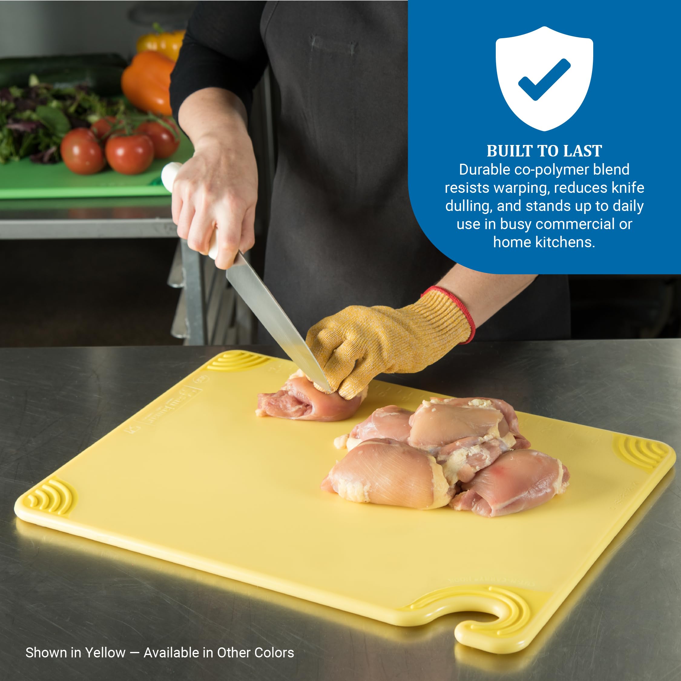 San Jamar patented safety hook holding board hygienically for sanitary transport and storage