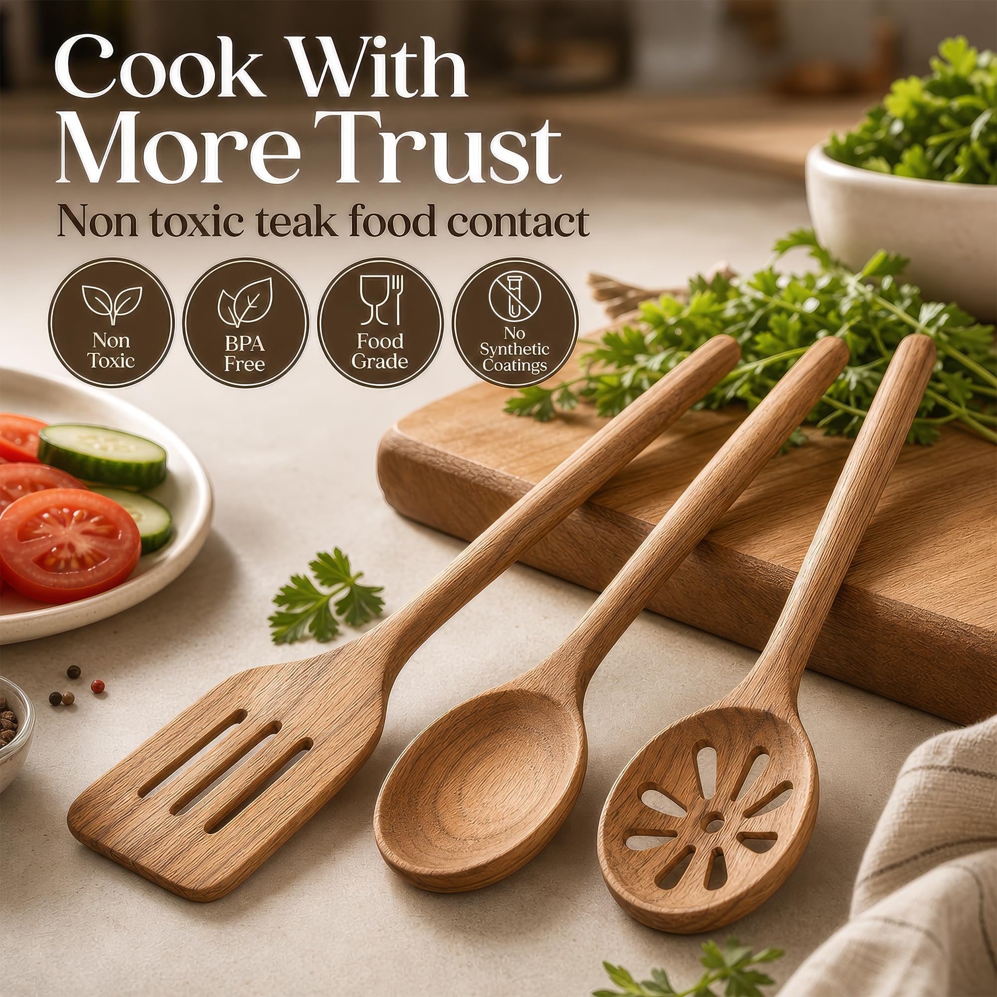 SANJH close-up of teak spoon grain highlighting smooth finish and dishwasher-safe feel