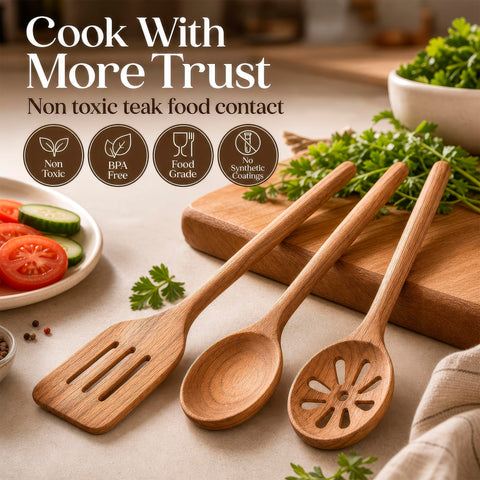 SANJH close-up of teak spoon grain highlighting smooth finish and dishwasher-safe feel