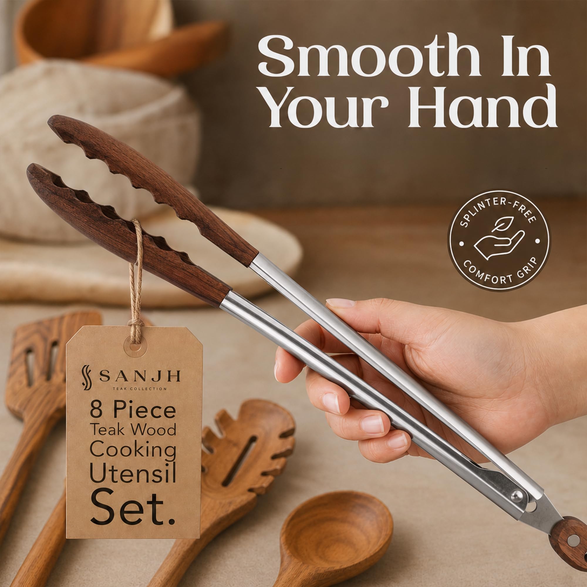 SANJH tongs gripping food illustrating secure hold and heat-safe control