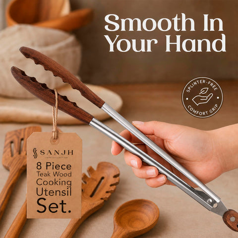 SANJH tongs gripping food illustrating secure hold and heat-safe control