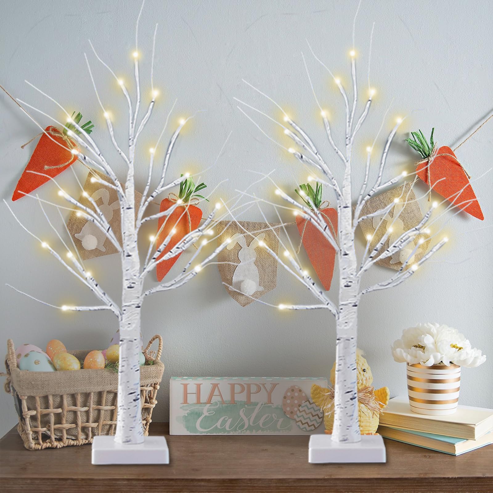 SANJICHA front view of 2ft birch tree showing warm LED glow and natural look