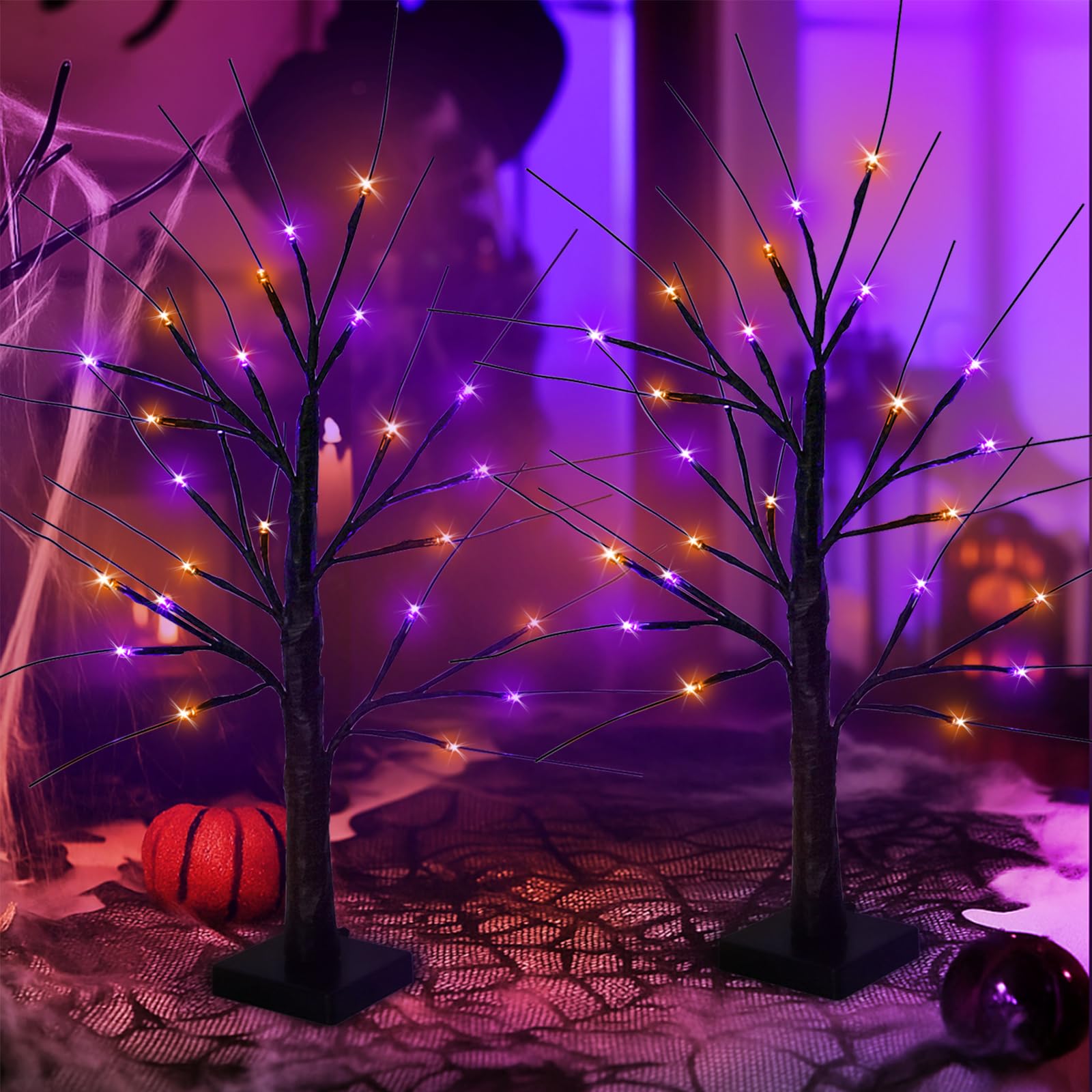 SANJICHA pair of trees on party table creating spooky seasonal focal point