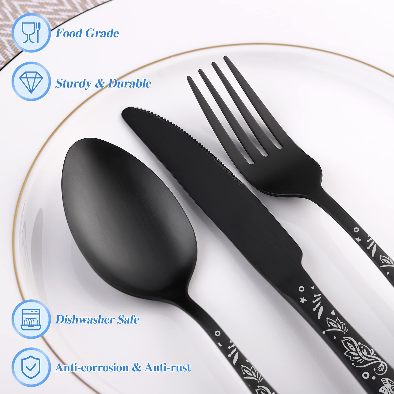 SANLUNS flatware arranged on dark tablecloth demonstrating cohesive tabletop impact
