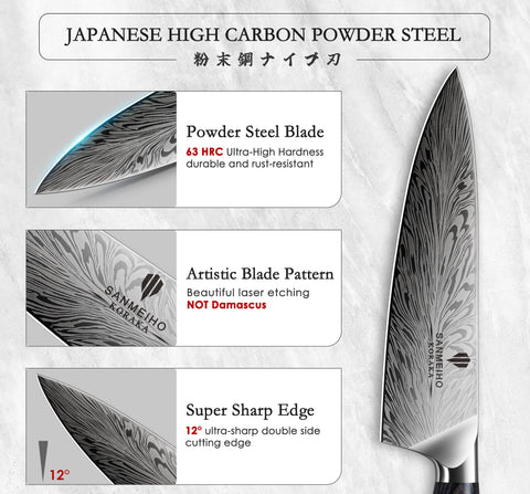 SANMEIHO 8-inch chef blade close-up showing powder steel surface and precision