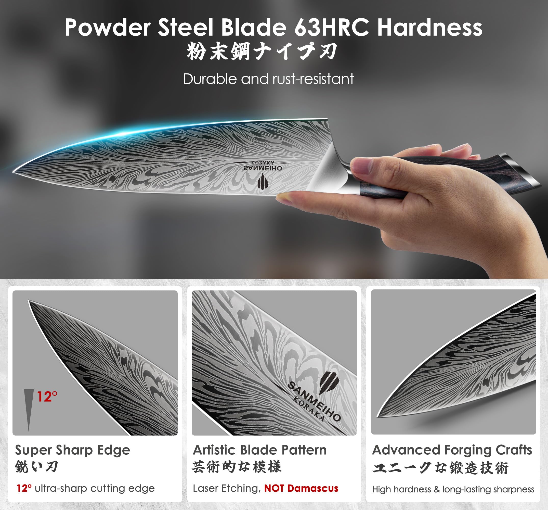 sanmeiho handle detail stabilized wood grip for comfortable, secure handling