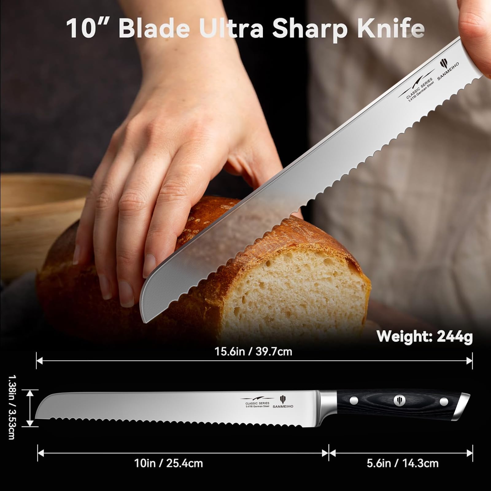 SANMEIHO knife slicing sourdough loaf smoothly to preserve crumb and presentation