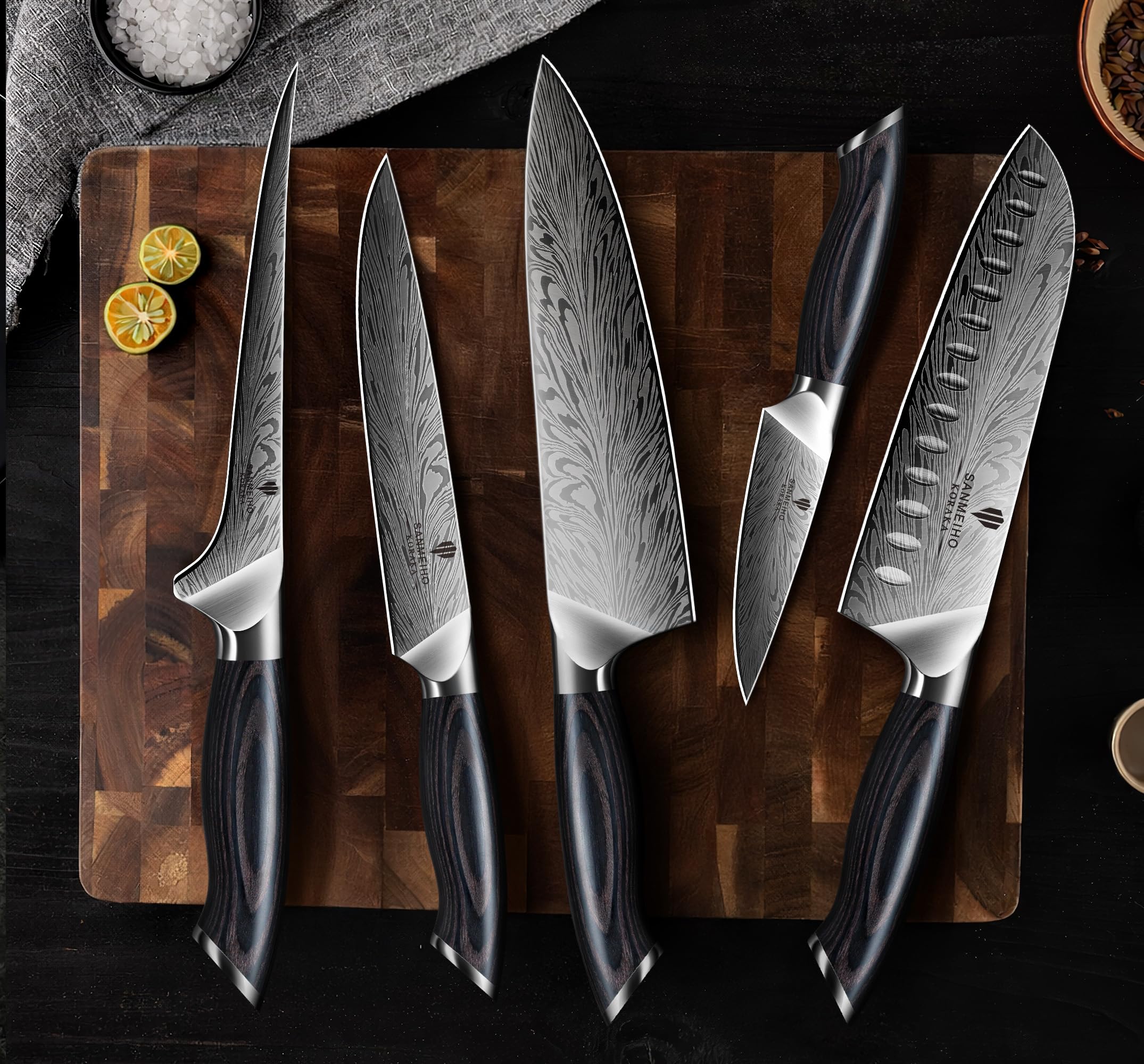 SANMEIHO knives styled on countertop conveying premium kitchen presentation