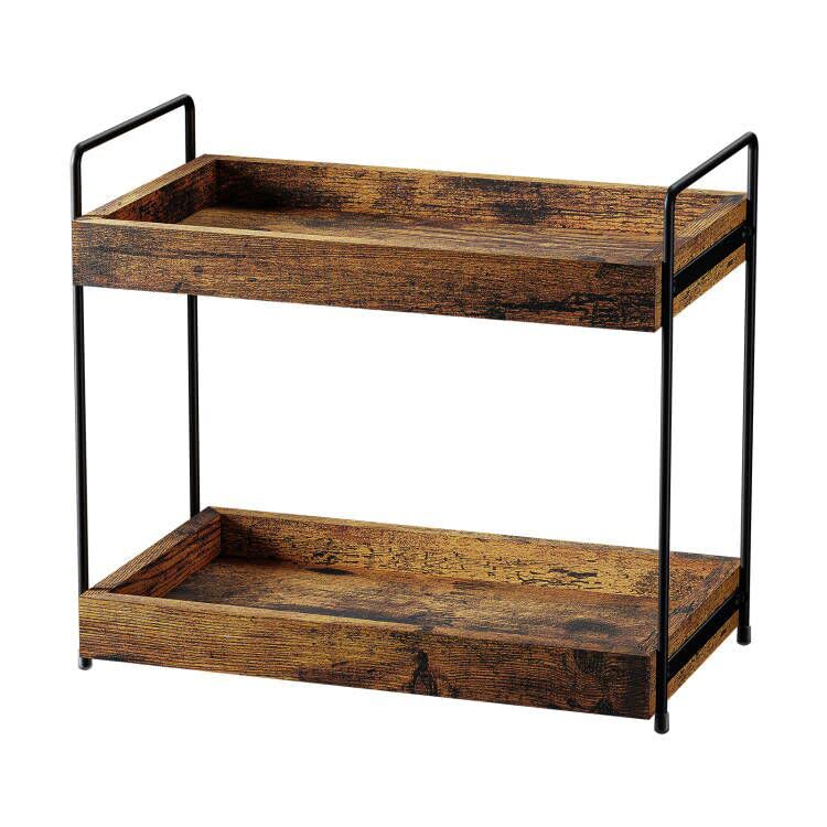 SANRETAHO front view of two-tier wood metal rack showing compact storage benefit