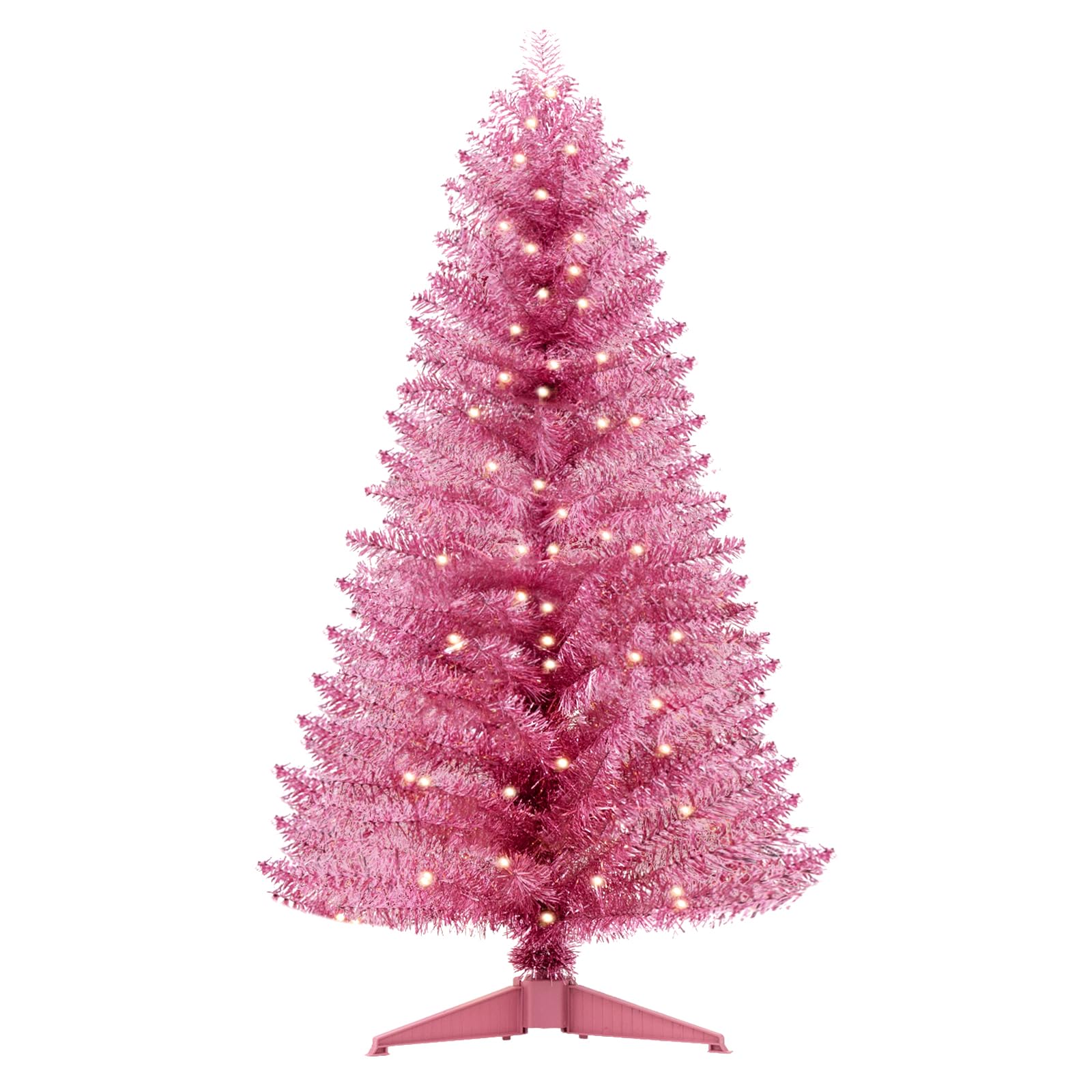 Santanelo pink tree front view showing full shape and snowy tips for instant holiday style