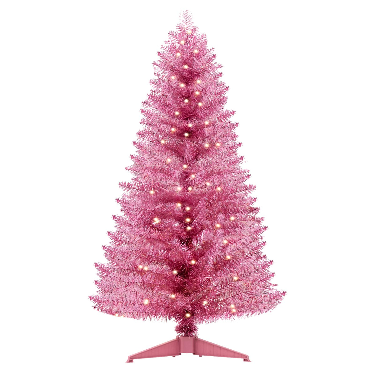 Santanelo pink tree front view showing full shape and snowy tips for instant holiday style