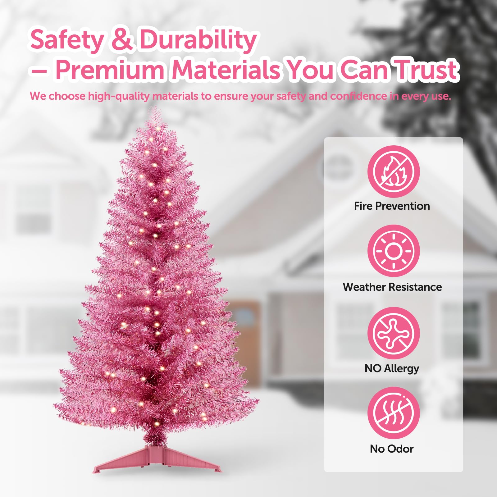 Santanelo lit pink tree at dusk with warm white glow creating cozy festive ambiance