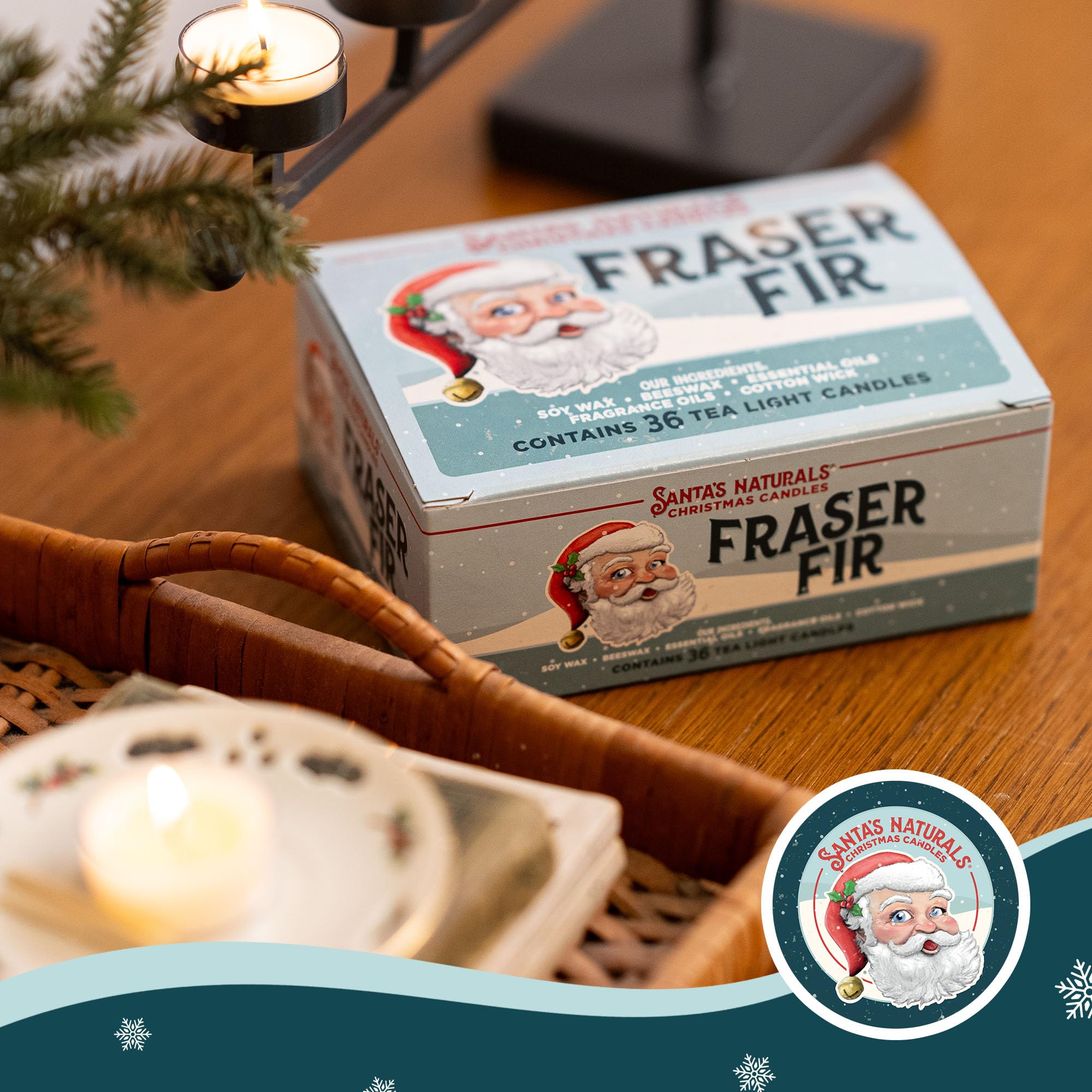 Santa's Naturals tea lights arranged on a holiday table creating seasonal scent benefit: festive atmosphere
