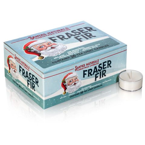 Santa's Naturals front pack showing 36 tea lights and clear holiday branding benefit: easy bulk supply