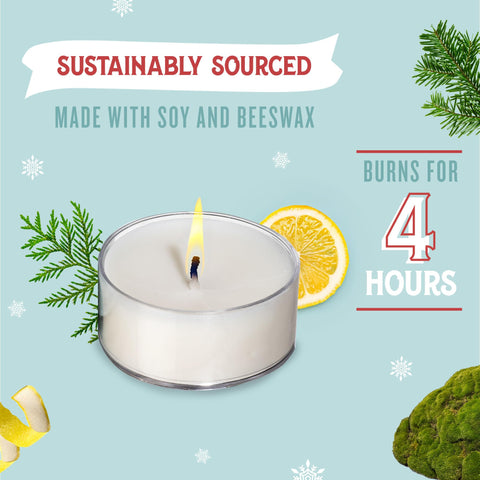 Santa's Naturals tea light next to a hand for scale showing compact size benefit: portable candles
