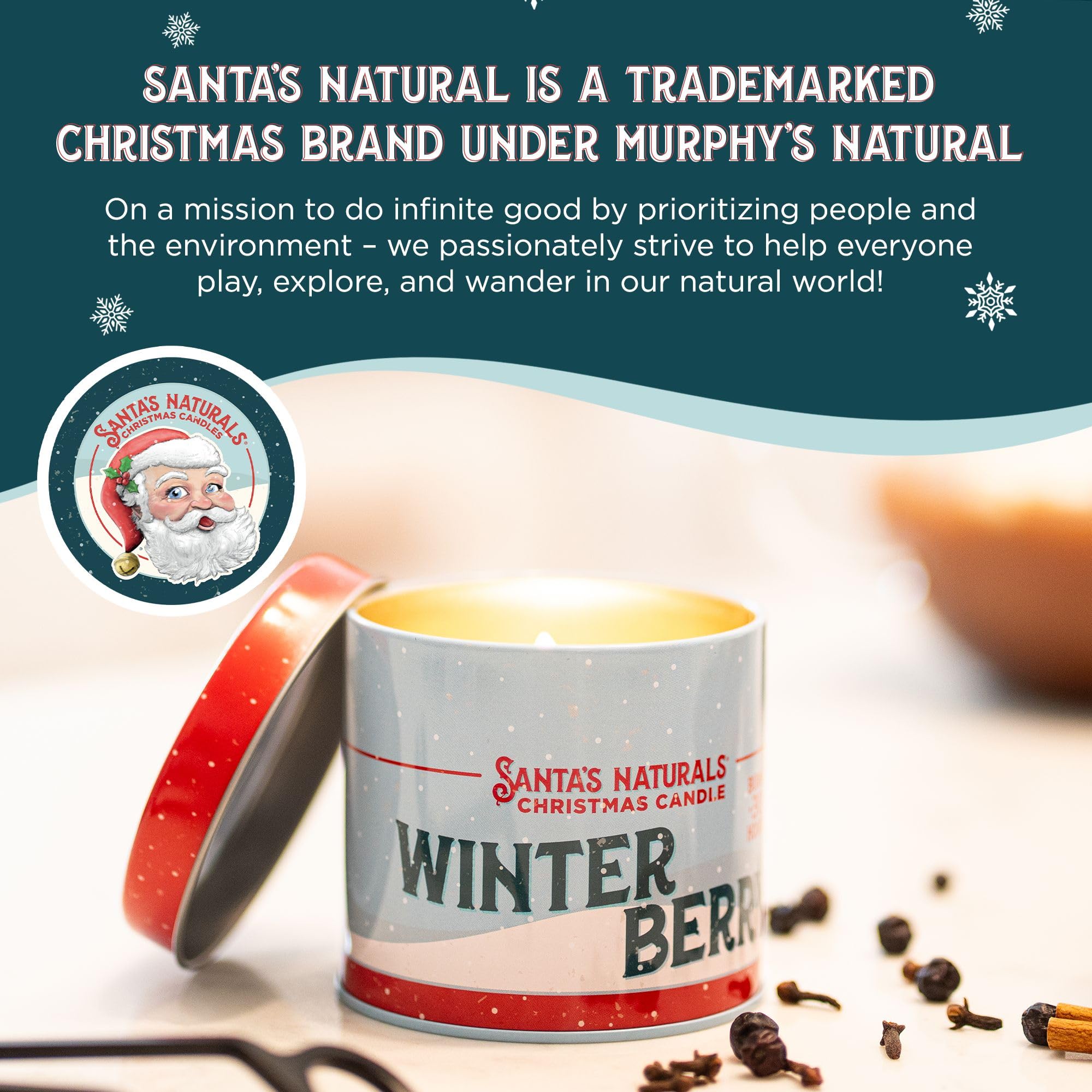 Santa's Naturals lit candles on a mantle creating cozy holiday ambiance