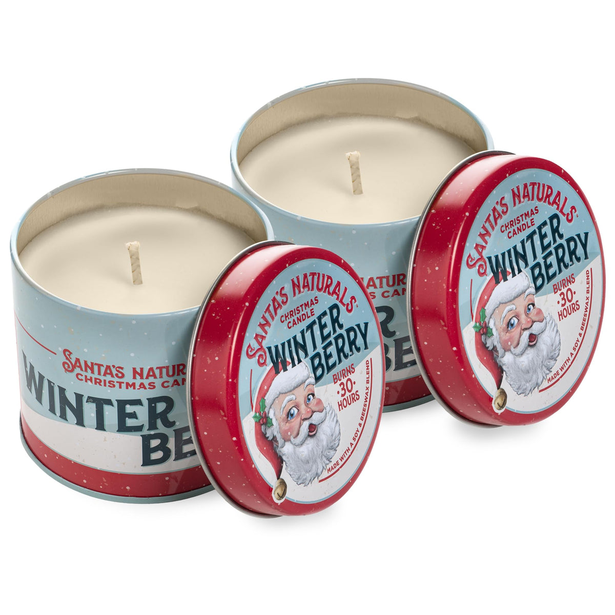 Santa's Naturals front packaging showing two candles and seasonal scent benefit