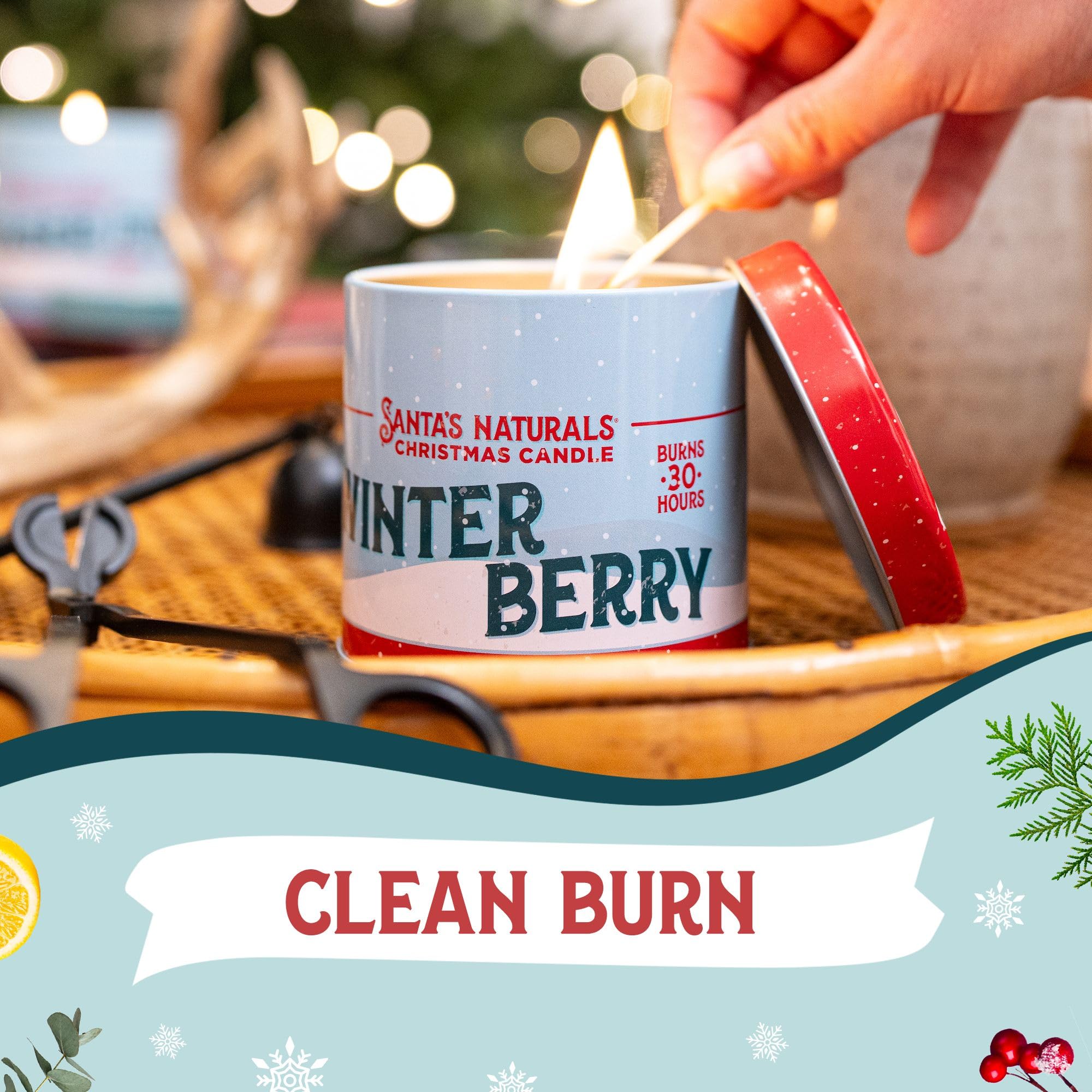 Santa's Naturals label and lid detail highlighting natural ingredients and trust