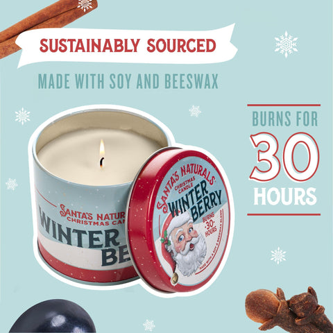 Santa's Naturals candle in hand showing 9 oz size and easy portability