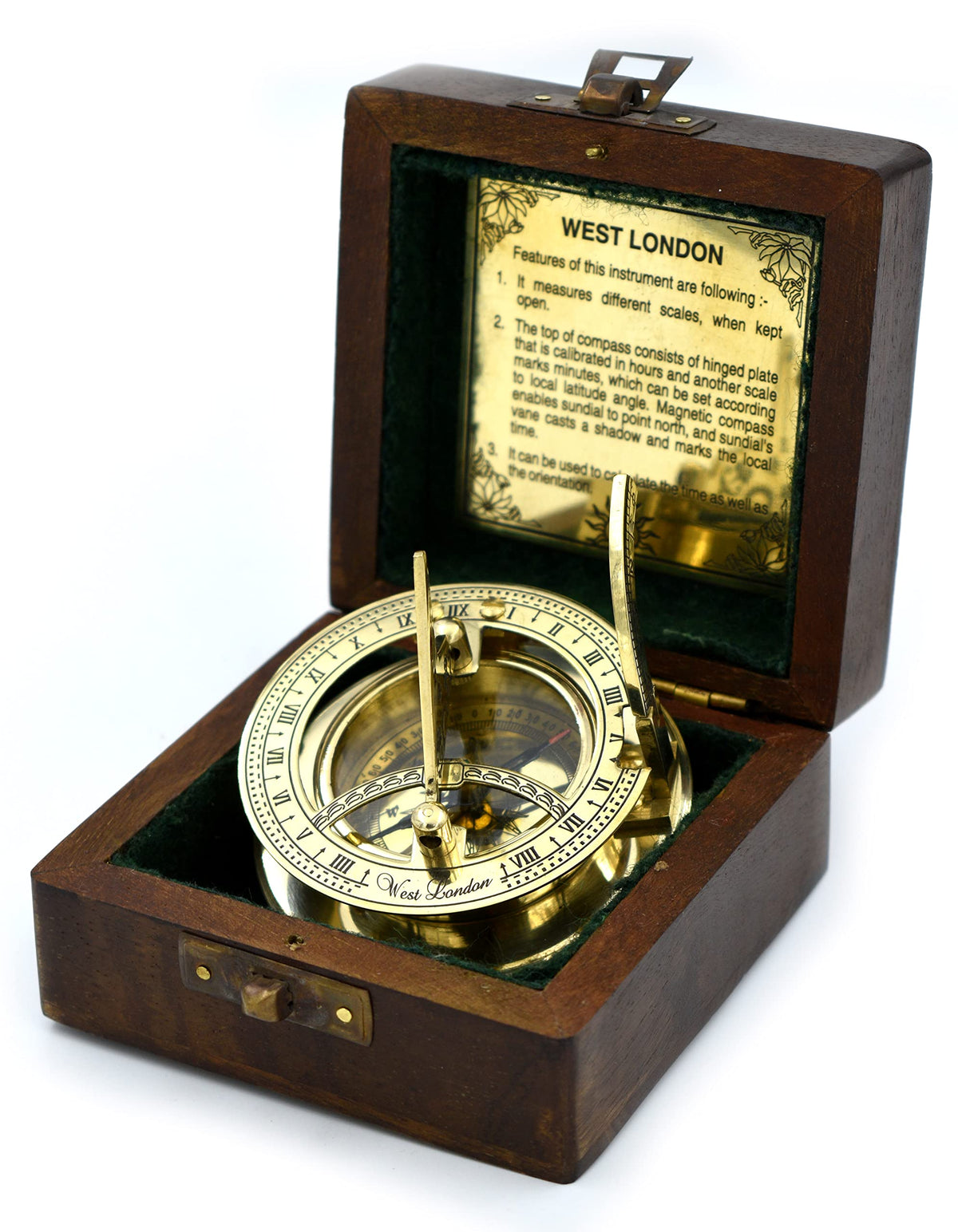 SARA NAUTICAL front view of brass sundial compass showing elegant finish and gift appeal