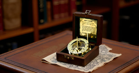 SARA NAUTICAL sundial open in wooden box offering ready-to-gift presentation and protection