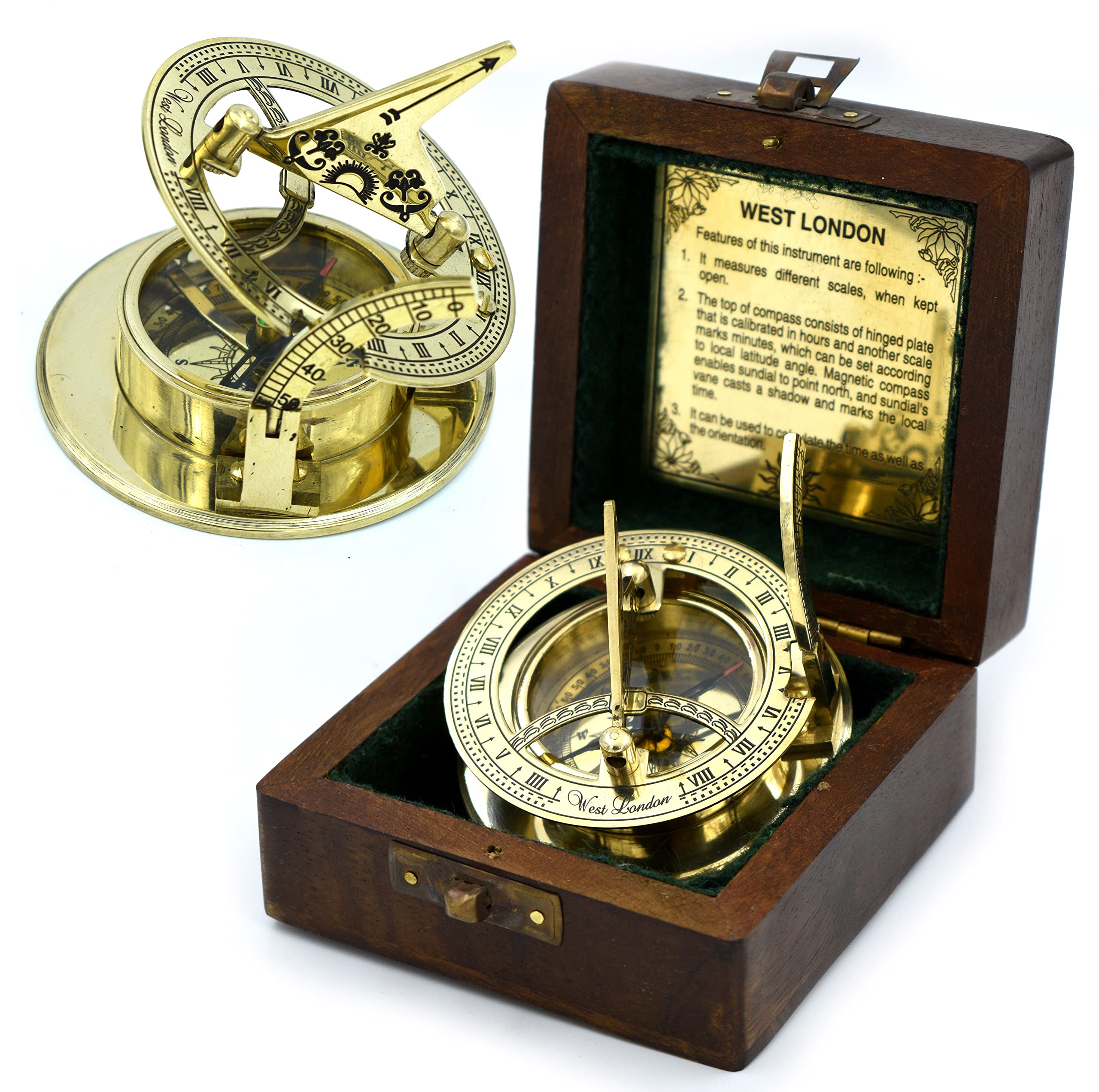 SARA NAUTICAL sundial staged with steampunk decor proving stylish vintage display appeal