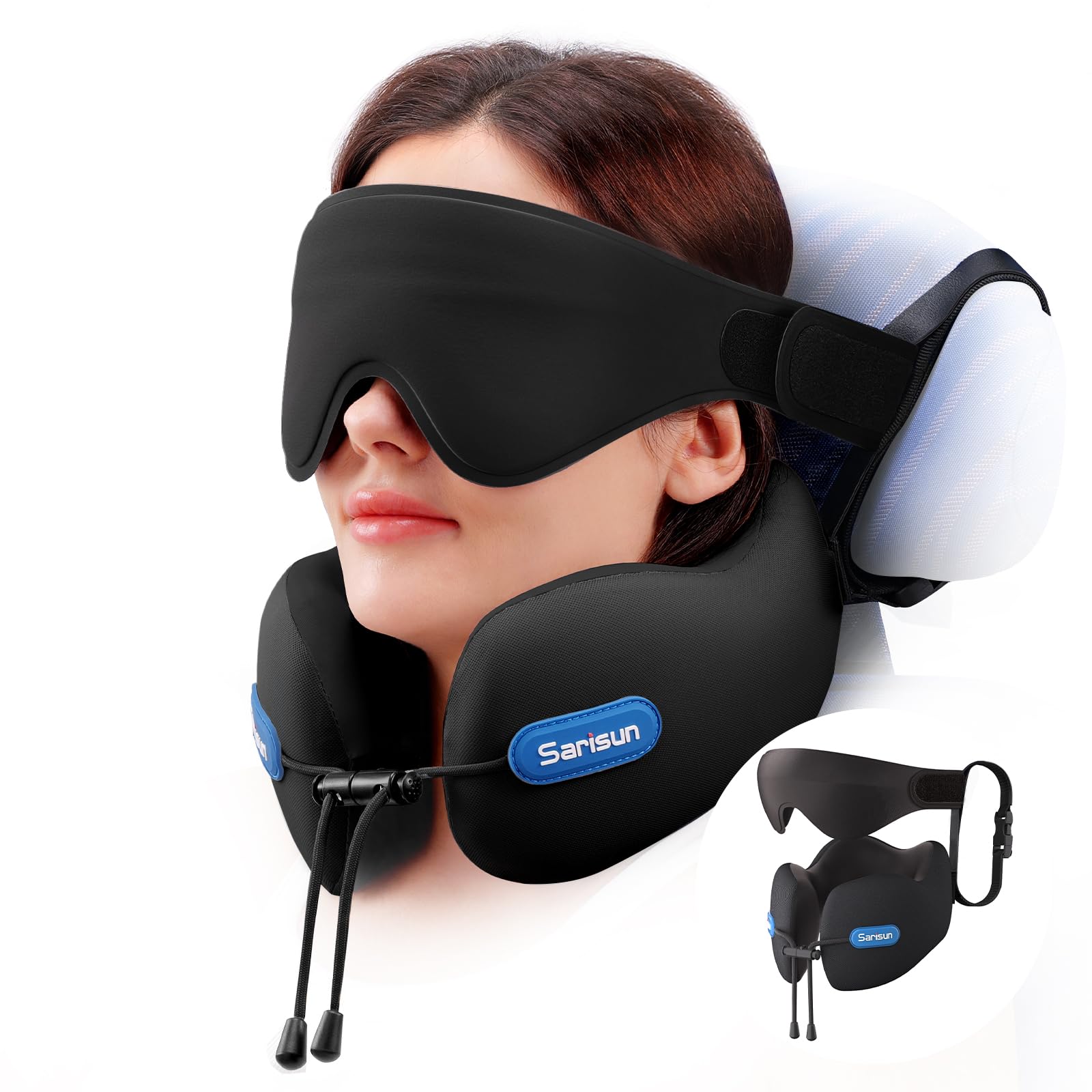SARISUN front view of travel pillow set showing compact kit and packaging benefit