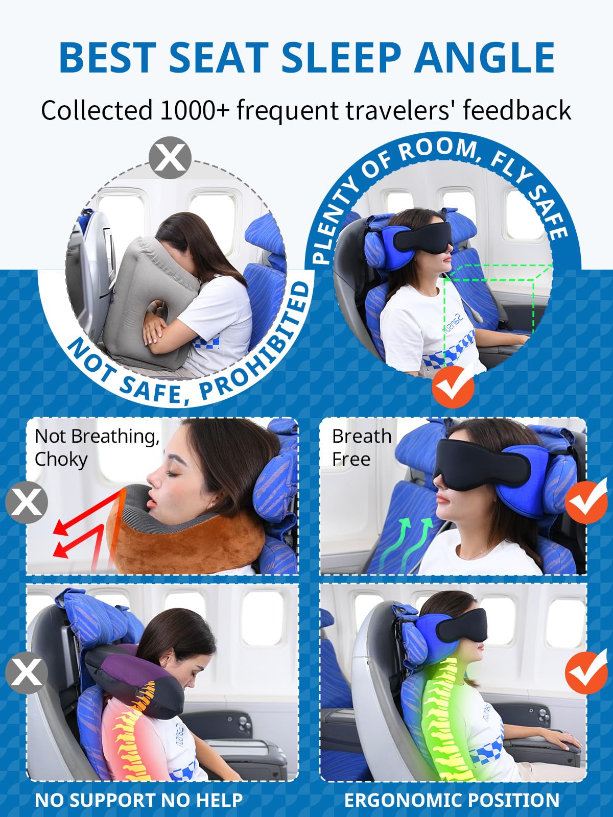 SARISUN in-seat use on airplane headrest demonstrating steady sleep and reduced head bobbing