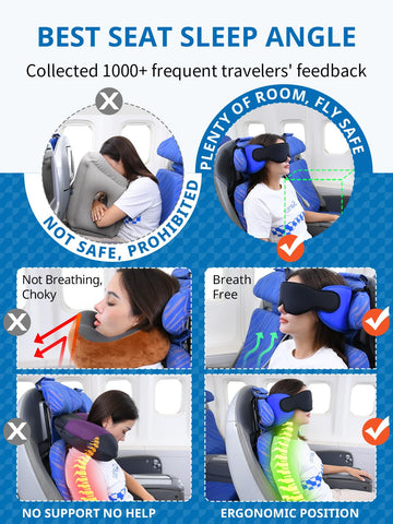 SARISUN in-seat use on airplane headrest demonstrating steady sleep and reduced head bobbing