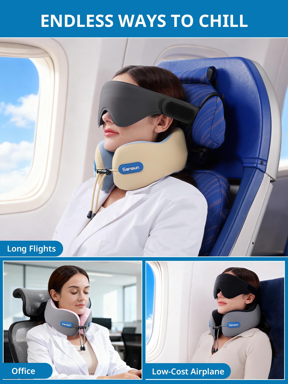 SARISUN travel set in a carry-on scene showing ready-to-use comfort on the go
