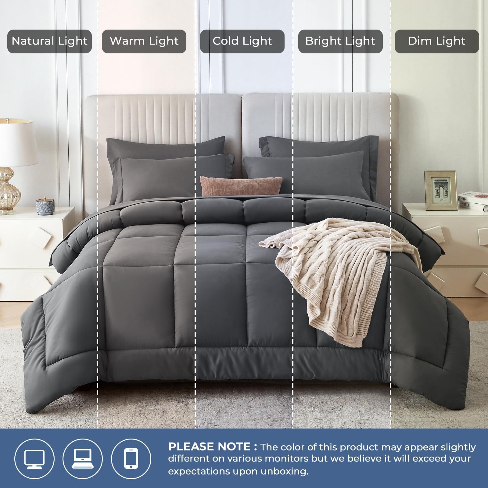 Sasttie bedroom lifestyle with dark grey set showing modern decor compatibility benefit