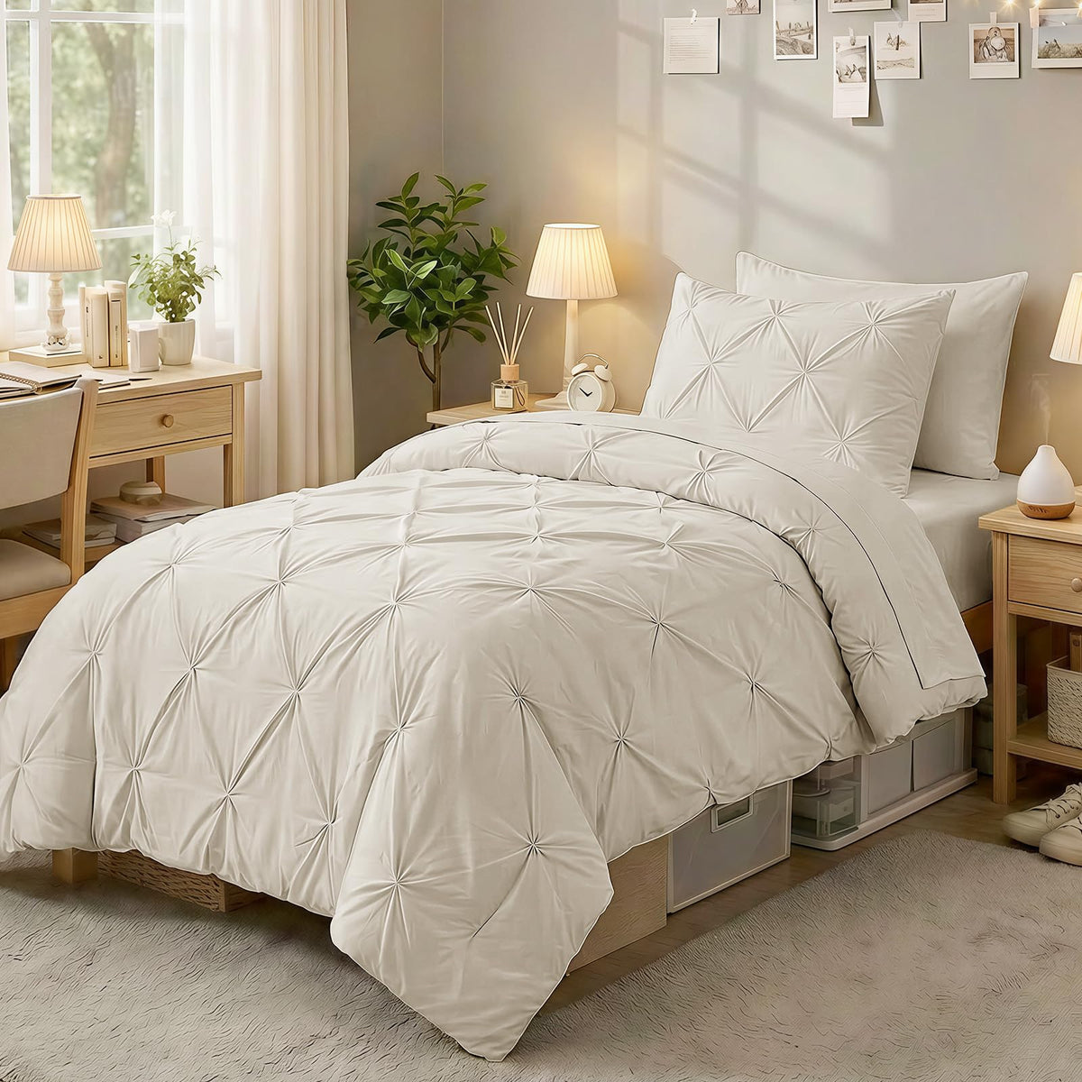 Sasttie front view of beige comforter set shows polished bedroom upgrade benefit