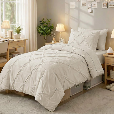 Sasttie front view of beige comforter set shows polished bedroom upgrade benefit