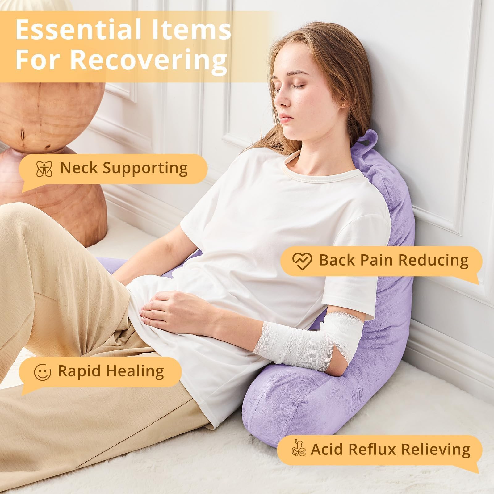 Sasttie on a bed in lifestyle scene promoting relaxed reading posture