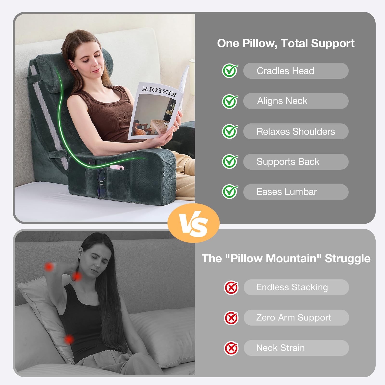 Sasttie in use on bed with person reading for improved upright posture