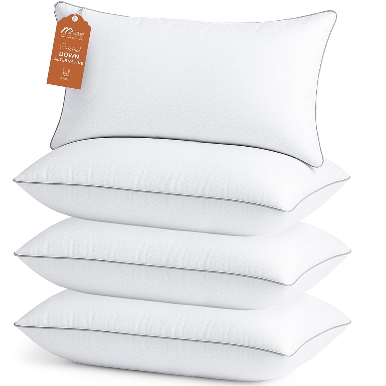 Sasttie front packaging showing four king pillows and product branding for value
