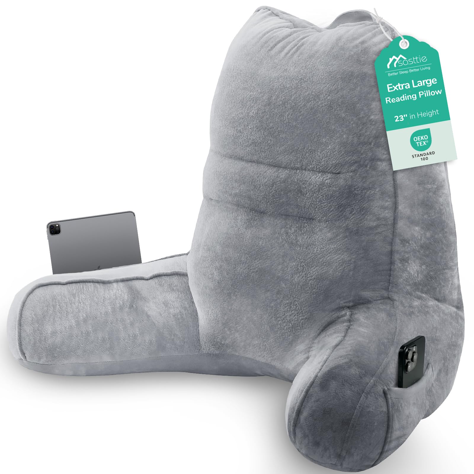 Sasttie front view of dark grey reading pillow showing full high-back support