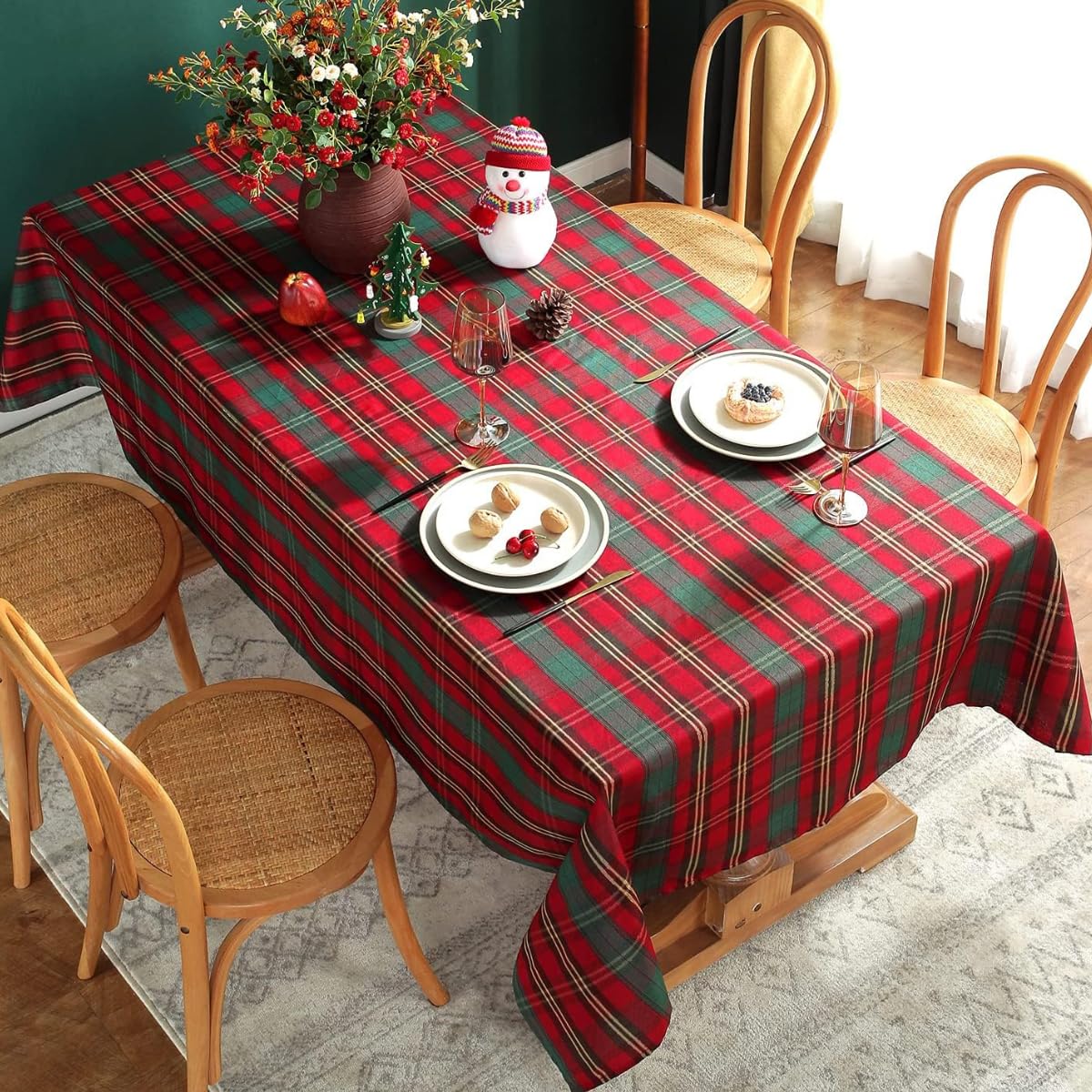 SASTYBALE front view of red plaid rectangle tablecloth showing festive design and fit