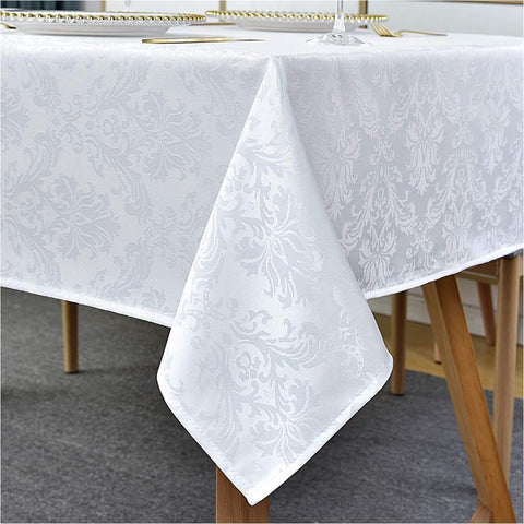SASTYBALE front view of white jacquard tablecloth shows elegant styling and protection