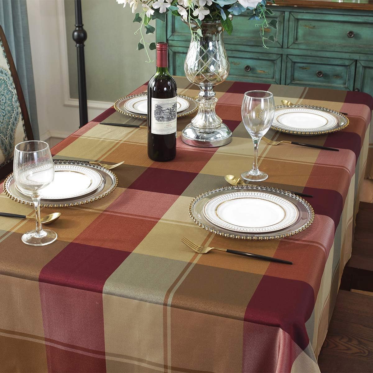 SASTYBALE tablecloth on rectangular dining table demonstrating full coverage