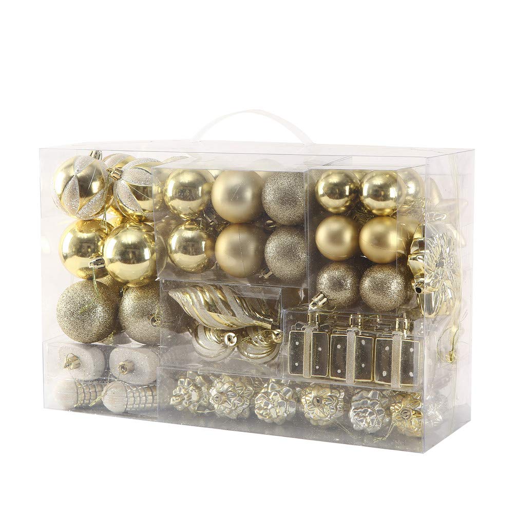Sattiyrch front packaging showing complete 76-piece golden ornament set and storage box benefit: easy organization
