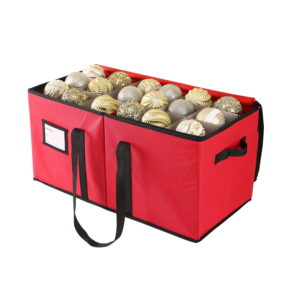 Sattiyrch front view of box showing sturdy canvas and zippered closure protecting ornaments