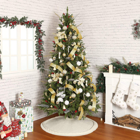 Sattiyrch skirt placed under decorated tree, hides stand and protects flooring from sap
