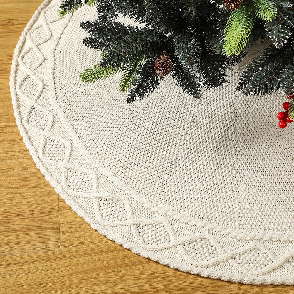 Sattiyrch white knit tree skirt front view showing full 36-inch coverage and cozy style