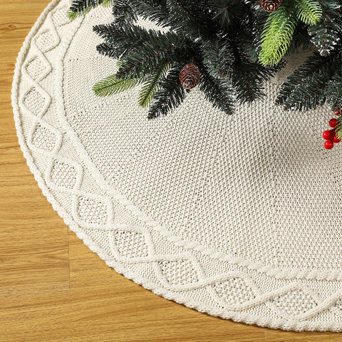 Sattiyrch white knit tree skirt front view showing full 36-inch coverage and cozy style
