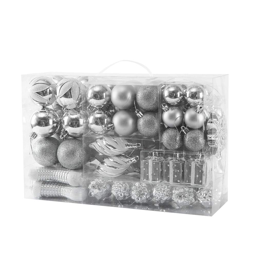 Sattiyrch front packaging showing 76-piece silver ornament set, easy storage benefit