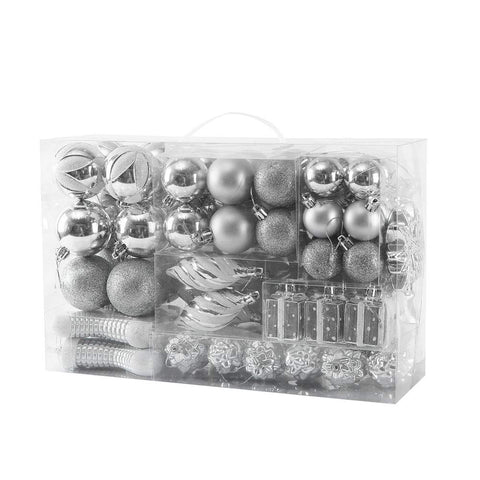 Sattiyrch front packaging showing 76-piece silver ornament set, easy storage benefit