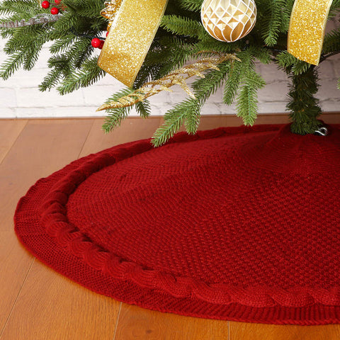 Sattiyrch burgundy tree skirt front view showing cozy holiday styling and floor protection