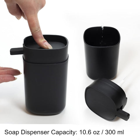 SAUMONIERES soap dispenser close-up highlighting pump action and easy refill benefit