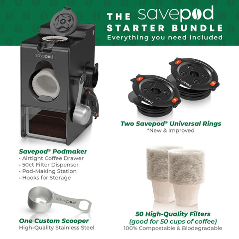 Savepod spread of fifty compostable filters demonstrating burst-resistant design and eco benefit